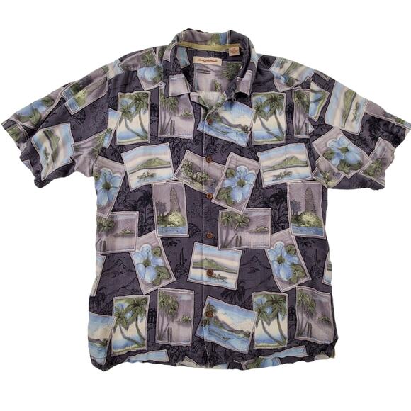 Tommy Bahama Hawaiian Button Up Gray Islands Lighthouse Palm Trees Silk Shirt L - Picture 1 of 11